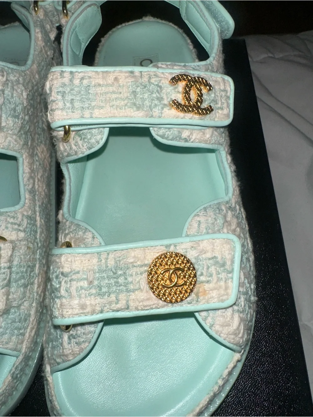 CHANEL Mint Green Tweed Slide Sandals with Gold CC Medallions